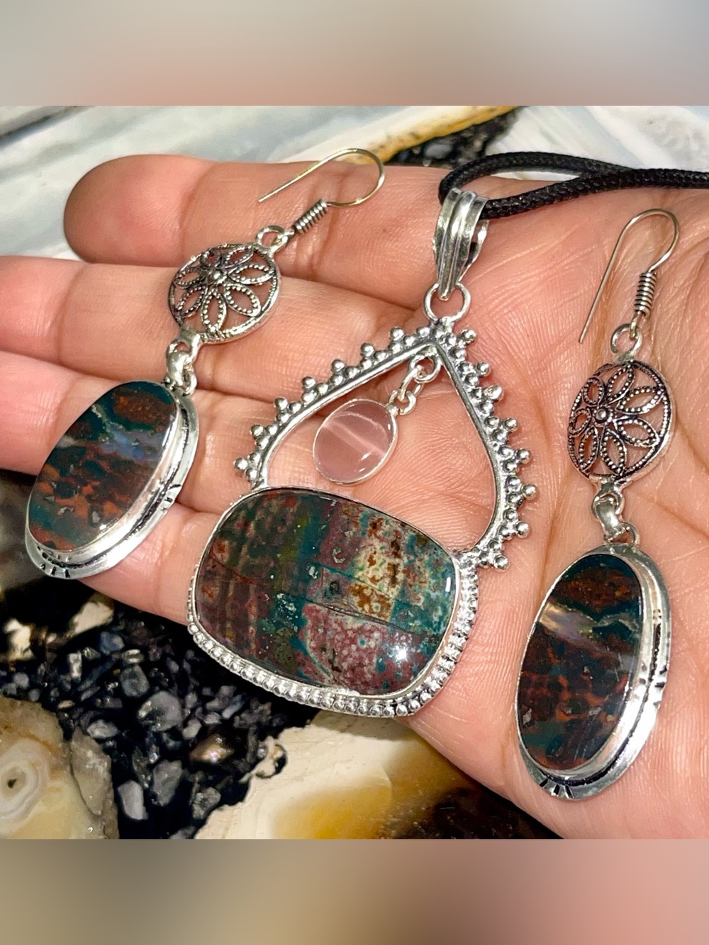 Dragon Bloodstone Jasper & Dainty Cats Eye Quartz Pendant & Earrings